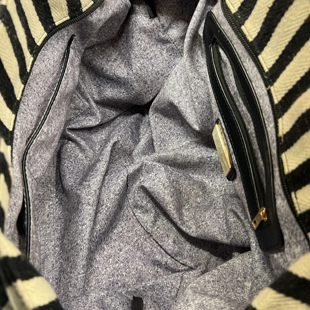 Moda Luxe Black & Cream Vertical Stripe Hobo Tote